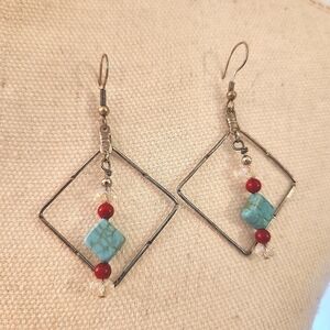 Turquoise and Red Dangle Earrings 3" Long Fish Hooks Nepal Acrylic Southwestern